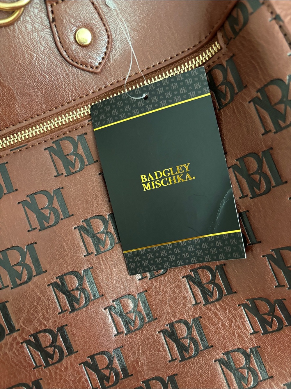 Badgley Mischka Chestnut Brown Logo Weekender/Travel Tote Bag with Gold Hardware - Picture 2 of 12